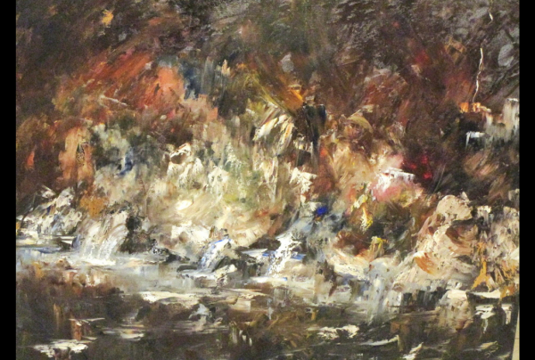 ''Grotte de la Verna, légende de la corde''. Pyrénées 116x89cm. Michel SKUPIEN sait peindre toute la force du paysage,transmettre la spiritualité fugace qui en émerge.Seul un véritable don peut révéler le savoir-peindre d'un pareil ressenti.  