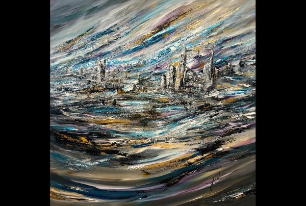 ''Une Promesse Éternelle'' 36x36 Acrylique 2025 Son paysagisme est hors du champ des genres, ou des courants. Son style reste incomparable. Ses architectures sont plongées au cœur d'un mouvement intemporel. 