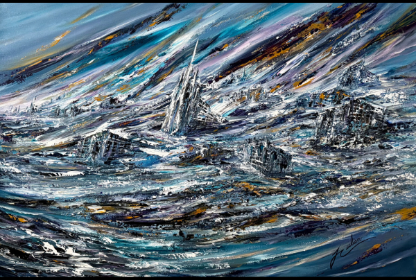 ''L'Histoire de la Mariée'' acrylique 24x36 2024 Master collection ''l'Envolée1'' Louis JULIEN crée des toiles où convergent, flottent, se concentrent et s'excentrent ses architectures,dans le tourbillon transcendant de l'Histoire.