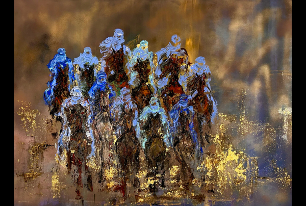 ''Les Touaregs''. 97x130cm. Huile au couteau. Châssis lin. Emma SAMPIL Lauréate du Palmarès, désormais titrée Grand Pinceau de France, crée des tableaux d'une esthétique, d'une force d'expression picturale et d'une luminosité quasi-magiques. 