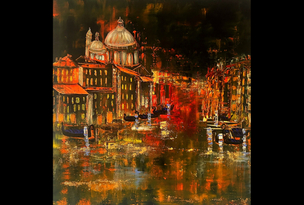 Emma SAMPIL avec ''Venezia'', 80x80cm. Acrylique au couteau. Châssis lin, nous révèle toute une beauté inattendue de la Cité du peintre Titien, mais avec ses propres couleurs et son style du XXIe s. en 