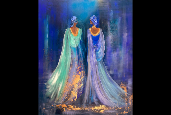 'Les Âmes Sœurs''. 46x55cm. Acrylique au couteau sur coton.Sa technique au couteau lui permet d'extraire et préserver puissances et lumières initiales des pigments, pour exprimer un  paroxysme de sensibilité vers une transcendance picturale.  