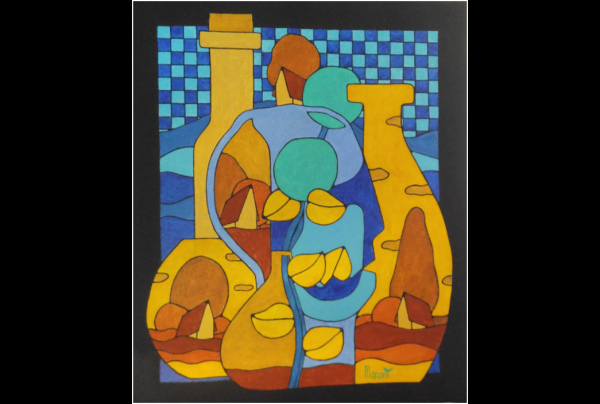 ''Profil aux Vases'', Acrylique 65x50 cms 2025 Michel MARANT crée un concept inédit de composition ajoutant une volumétrie superposant, incluant, ce profil aux vases. L'esprit reconstitue les images, le peintre fait naître une nouvelle perception visuelle