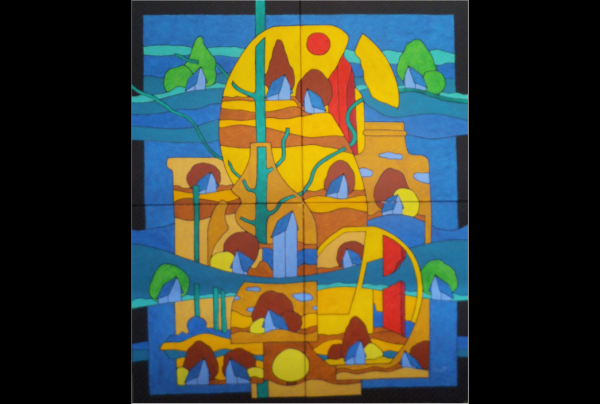 ''Reflets Soleil d'Automne'' 2025 Acrylique 130 x108 cms. Michel MARANT. Sa recherche se tient hors de toute déconstruction de style cubiste, il innove sur la façon de voir et peindre le paysage, pour le construire en le décomposant, un style étonnant.  