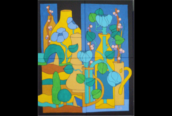 ''Vases aux Fleurs Bleues'' 2024 Acrylique 122 x 100 cms. Michel MARANT, au cœur des avant-gardes propose une composition picturale pleinement poétique. La force et  l'harmonie de ses sensations, partagées, nous font vibrer.  