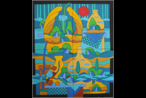 ''Soleil Rouge d'Automne'' tableau acrylique sur toile (130x108 cms) 2025. Michel MARANT a produit ici une œuvre majeure. Un chef-d’œuvre universel, qui fait la synthèse des principaux styles et courants d'art du XXe siècle. Du cubisme au surréalisme    
