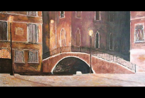 Avec le tableau ''Venise Endormie'' (100x50cm), acrylique sur toile, Nicole EYNARD nous montre une expression picturale en ambiance nocturne, associant le calme et la paix à une poésie romantique inattendue, son oeuvre nous révèle une Venise atypique.  