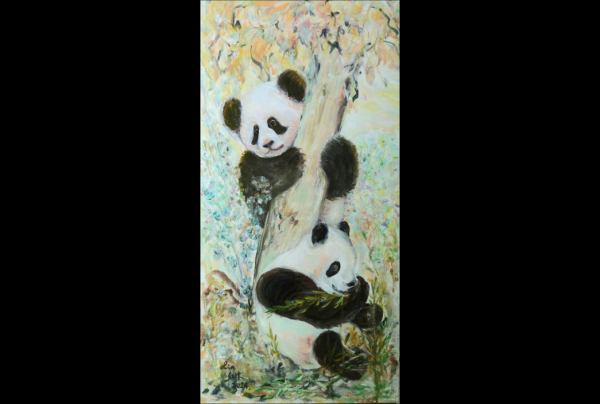 ''Paradis des Pandas'', 80x40cm, huile sur toile, est une œuvre emplie de poésie, qui se situe par le sujet sur un plan international nous rappelant le besoin de protection des espèces rares. Une peinture qui évoque bien la nature et la Chine.  