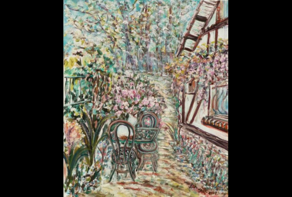 ''Mon Jardin'' 73x50cm huile sur toile 2014 Peinture poétique pour s'émerveiller, quand le jardin de Lin QIU BERTALAN devient un univers de rêve, dans lequel les coloris semblent danser et chanter pour renouveler une vision du bonheur.      