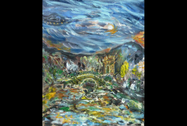 ''Région Volcanique Teng Chong'' 46 x 38 cm, huile sur toile 2021. Lin QIU BERTALAN aime peindre le paysage sous toutes latitudes. L' œuvre montre la maîtrise du geste et l'assurance du style, générant un avant gardisme bien fondé.     