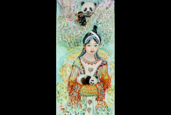 ''Pandas et Fille'', 80x40cm huile sur toile. Lin QIU BERTALAN sait peindre poétiquement et associe la grâce et la délicatesse dans ses œuvres. Cette scène, témoigne d'une inspiration subtile, nous rappelle un aspect de la beauté esthétique de la Chine.  