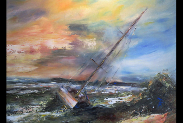 ''Solitude'', 116 x 89 cm, huile au couteau, sur toile de lin. Sentiments révélés par le sujet. l'artiste Michel SKUPIEN, aime le romantisme qui lui permet d'aller loin dans ses ressentis intérieurs, il sait créer la beauté d'une ambiance de mélancolie.