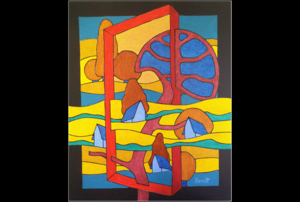 ''Le Cadre et le Pin Parasol'', 65x54cms, Acrylique sur toile, 2025.Le style de Michel MARANT restructure, analyse, reconstruit des visions du paysage, il capture les mirages d'un surréalisme poétique, la perception du tout et des parties du tout.     