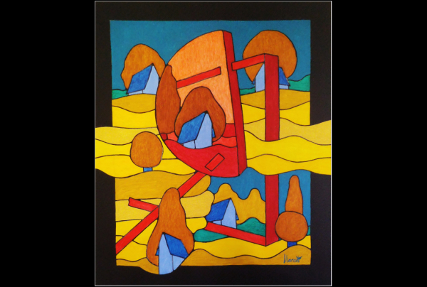 ''L'Oeil sur la Nature'', 65x54cms, Acrylique sur toile, 2025 Michel MARANT, traite ici le sujet  avec son intelligence esthétique qui crée un rêve-mirage en une composition nette, une grammaire explicite des formes tout autant de l'idée.