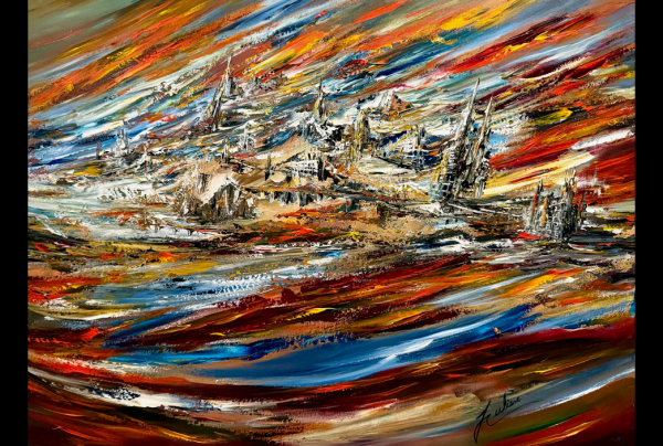 ''Les Stigmates du Temps'', 30x40, acrylique, 2025. Dans cette œuvre Louis JULIEN traduit la vie dans la fuite irréversible du temps, sa peinture, intemporelle et intuitive, noue passé, présent et futur, laissant entrevoir les destinées des civilisations.