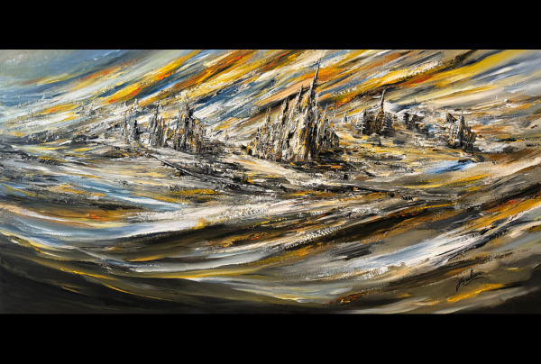 'Le Visage des Merveilles'', 30x60, acrylique, 2025. En créant ces apparitions majestueuses, flottant hors de l'espace-temps, Louis JULIEN peint avec son style une spiritualité imposante qui défie le temps. Le spectateur peut y projeter son intériorité.