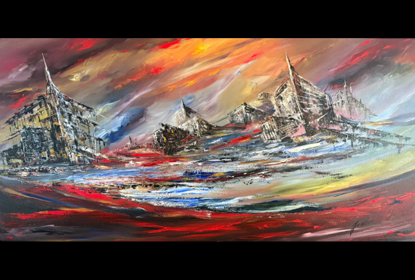  ''Les Âmes Vagabondes'' 30x60 , Acrylique 2016. A n'en pas douter, c'est l'un des chefs-d’œuvre de Louis JULIEN. Dans ce tableau polysémique, hors du temps, il a peint l' étrangeté des destinées, entre mirages et miracles.      