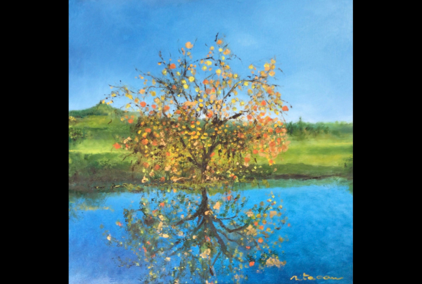  ''Le Plaqueminier de Goudargues'', huile sur toile, 50x50cm, Un arbre superbe dans ce village fleuri de France, L'artiste maîtrise ici son sujet en miroir sur l'eau, avec équilibre et minutie, apportant une vision poétique et inattendue.  