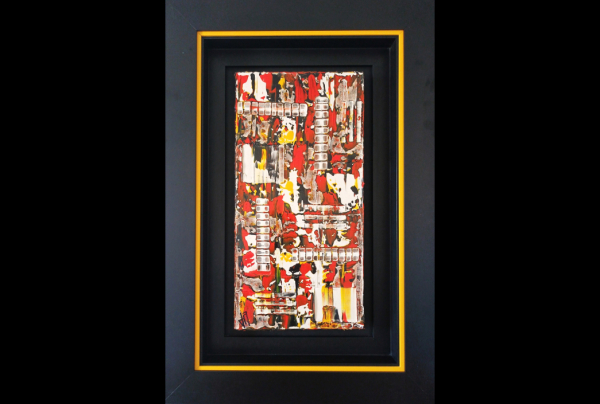 Concept du Totem en Frontal ''Totémographie du Volcan'' 60x30 x4cm Techn. mixtes sur toile. Jacqueline MORANDINI, applique sa démarche perceptive innovante à divers sujets, dont elle exprime les sens et les signes par sa maîtrise de l'abstraction.    