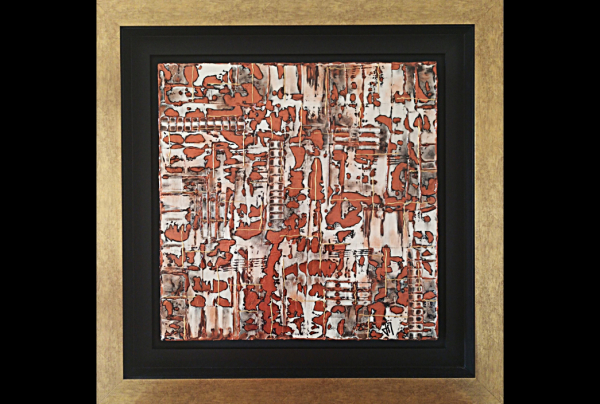 Concept du Totem en Frontal ''Totémographie 2 des Métaux Natifs''  60x60x4cm Techn mixtes sur toile. La grammaire picturale de Jacqueline MORANDINI, contient des évocations abstraites et une palette de codes couleurs liée aux éléments, ici la Terre.   