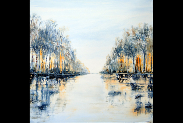 ''Reflets'', huile sur toile, 90x90cm, Christian BIARD, va droit au cœur de l'impressionnisme avec cette peinture de l'eau dans les terres. Miroir du ciel et des arbres, osmose unique des éléments de la nature poussés en leurs éclats ultimes.