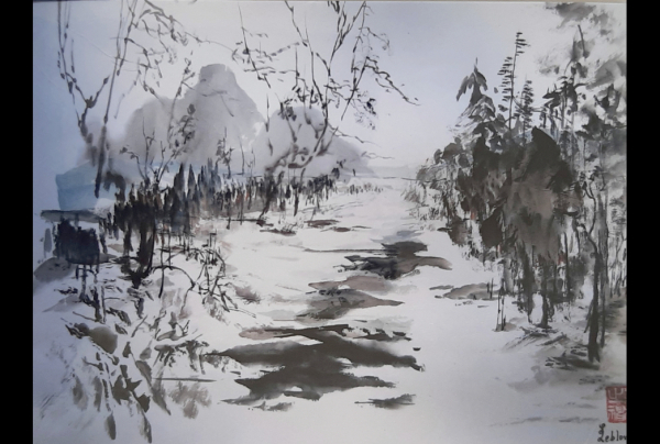 ''Winter'' 60x50cm. Dans ses œuvres Sylviane LEBLOND crée un dialogue avec la nature. La saison hivernale, la neige sont peintes très directement avec maîtrise et modernité, exprimant avec talent des sensations étranges de froid et de solitude. 