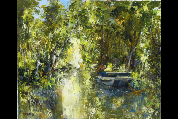 ''Calme'', huile sur toile en lin 61x50cm. Michel SKUPIEN, sa vision impressionniste de ce plan d'eau arboré, son style très actuel créent l'authenticité du paysage. Le peintre nous fait partager sa communion étroite avec la nature.