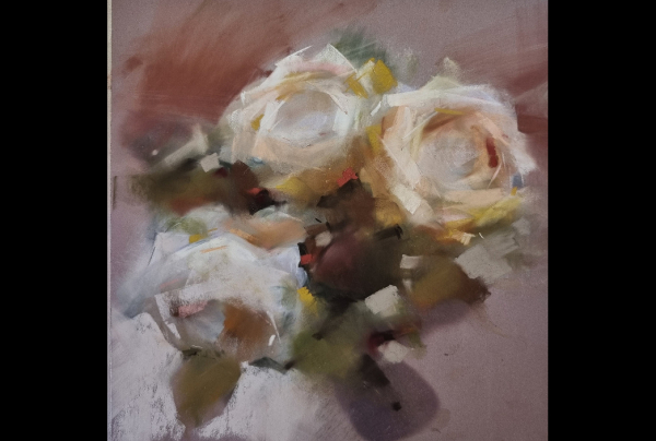 ''Bouquet de Roses''. Pastel 35x35cm Frédéric STEINLAENDER a capté et a peint l'aura de la rose. Il met en poésie picturale les attraits de la nature, fixant l'évocation de l'intemporalité des roses et leur force symbolique dans le règne de la nature.   