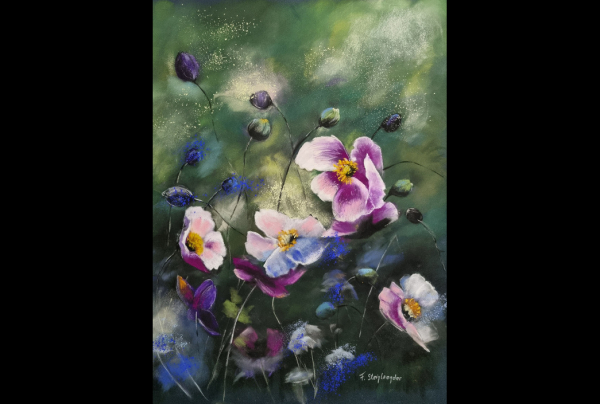 'Fleurs du Jardin''. Pastel 50x 65cm. Comment ne pas penser au jardin de Claude MONET. Frédéric STEINLANDER peint ici la beauté apprivoisée des fleurs délicates, vouées aux meilleurs soins, il nous en restitue leur grâce.  