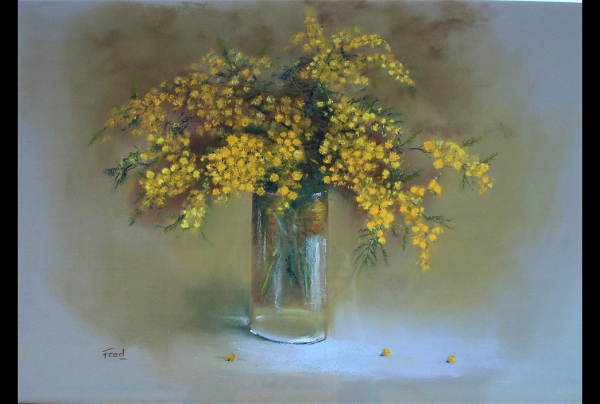 Par ses ''Mimosas'' Pastel 70x50cm, légendaires fleurs de soleil, Frédéric STEINLAENDER, nous montre un paradoxe de l'art pictural floral, sa nature-morte reste tellement emplie de vie, nous inondant de bonheur par son message de lumière.  