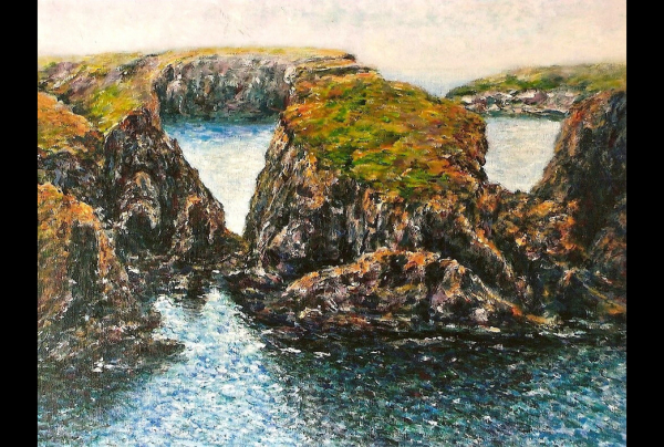 ''Belle Île, Port Goulphar'', 92x 73cm, acrylique sur toile, œuvre majeure littorale en style impressionniste. Nicole EYNARD, dans une filiation spirituelle sait, tel le Maître Claude MONET, exprimer par le pinceau ses ressentis les plus profonds. 