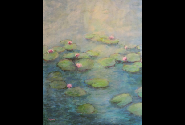 ''Nymphéas dans la Brume'', 81 x 65cm, acrylique sur toile. Nicole EYNARD incarne une French Touch, dans ce qu'elle crée de plus beau. Issu d'un pur impressionnisme, son style étonnant parvient à peindre nos sentiments en délicates nuances.