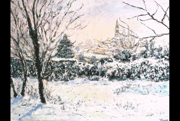 ''Chatuzange sous la Neige'',75x 60cm, acrylique sur panneau bois. Nicole EYNARD, comme Claude MONET, partage son amour infini du paysage. Ses peintures sont d'authentiques chefs-d’œuvre pour qui aime contempler la nature. 