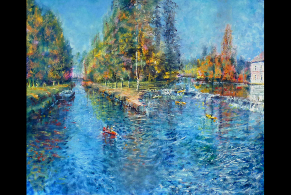 ''Un Dimanche à Malestroit'', Huile sur toile 55x 65 cm. Dany WATTIER, témoigne ici de l'osmose qu'il peut avoir avec Claude MONET, quand la peinture devient une expression de l'être profond, de la sensibilité exprimée au-delà du réel.