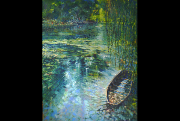 ''Les Petits Ponts des Jardins de Caraqui (Bourges)'', huile sur toile, 100x80cm, peinte sur le vif dans les marais de Bourges. Dany WATTIER traduit des émotions fortes et paisibles, ses plans de vues inédits conjuguent proximité et éloignement. 