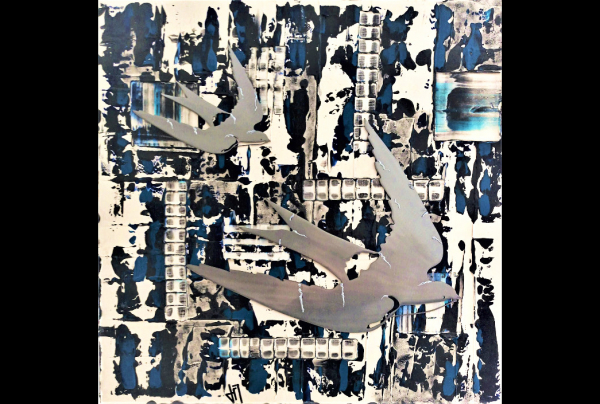 ''Ciel d'Azur''. La peintre lauréate Jacqueline MORANDINI aime abolir les clivages entre figuratif et abstraction. Ses surprenantes impressions aériennes et ses émotions de ciel d'azur saisissent le réel pour le mettre en osmose avec un paysage abstrait. 