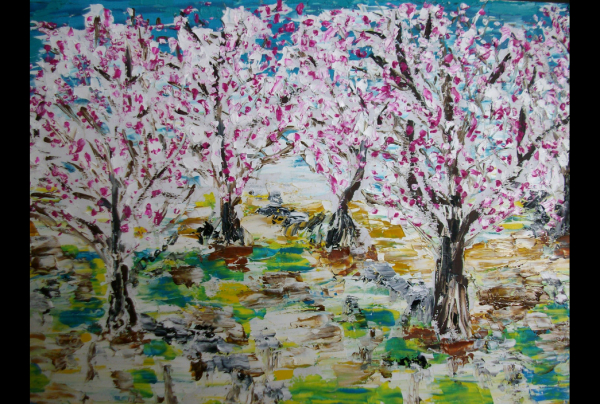 'Sakura''   huile sur toile 60x70cm Toshio ASAKI, nous fait aimer la beauté de la nature, son style nous ressource car il adoucit le visible initial pour en retenir la pureté immanente, en filtrer la poésie qui s'y trouve  et la traduire en peinture.