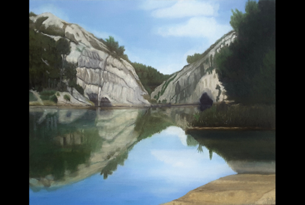 ''Le lac du Peiroou à St Rémy-de-Provence'', huile sur toile de lin fin 46x38cm. Avec ce choix de motif étonnant la Peintre-Lauréate Myriam COLART, nous subjugue, elle peint un paysage surprenant et grandiose, pour mieux unir art et nature par son talent.