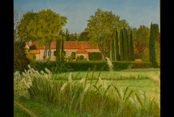 ''Tranquillité d'un Mas en Provence'', huile sur toile de coton, 55 x 46 cm. Une agréable vision impressionniste, emplie de douces couleurs, la lumière baigne ce Mas. Myriam COLART parvient à nous transmettre et suggérer ses émotions d'artiste.