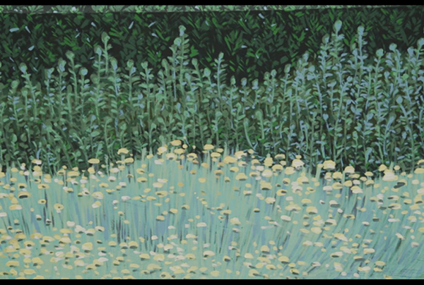 ''Un Tour à Vélo'' surface 300m² (vue partielle 1).œuvre murale de Catherine FEFF, artiste peintre muraliste. En trois approches horizontales, tout en nuances et tonalités complémentaires, la nature s'anime d'une vie intrinsèque par le talent de l'artiste