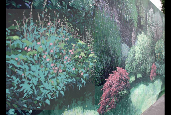 'Un Tour à Vélo'' surface 300 m² (vue partielle 2). Par l'expérience du monumental Catherine FEFF, artiste peintre muraliste de talent, transforme un mur en œuvre d'art, en beauté paysagère, pour vivre places et rues en visions de jardins.      