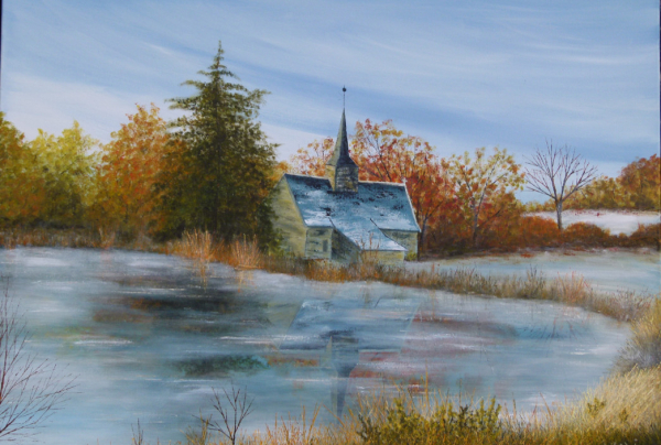 ''Givre et Gel autour de la Chapelle du Planté, Loire-Atlantique'' (81 x 116 cm) acrylique sur toile. Pour Marie BLAIS-CALVEZ, ce sont ses impressions associées à la lumière du paysage qui peuvent en restituer la sensible vérité. 