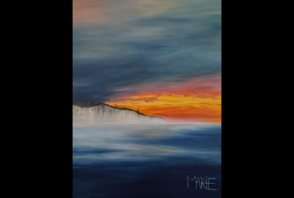 ''Ciel d'orage en Baie de Somme'' (81x60cm) acrylique sur toile. Marie BLAIS-CALVEZ, peint un ciel rare, sombre et flamboyant, florilège de sentiments, moment quasi-magique, quand lueurs et couleurs s'opposent pour donner vie au paysage.       