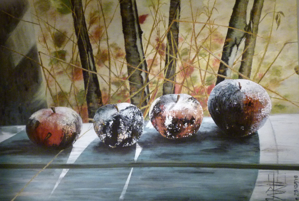 ''Les Pommes Oubliées'' (73x92 cm), acrylique sur toile, évoquent l’irréversible temps qui passe, la touche minutieuse de Marie BLAIS-CALVEZ, élabore au travers de ces fruits l'impact du réel sur fond plus diffus d'une discrète nostalgie.        