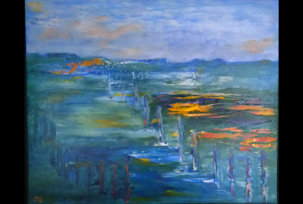  ''Les Brise-Lames'', (46x55cm) peinture acrylique sur châssis toilé. Brigitte MATHÉ (MBL) en un style novateur, peint une marine impressionniste originale qui va aux limites de l'abstrait. Ses couleurs et lumière créent un tableau étonnant, intemporel.