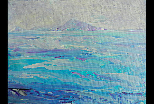 ''Entre le Ciel et l'Eau'', (18x24cm) acrylique sur châssis toilé. Brigitte MATHÉ (MBL), peint le sublime mariage des éléments de la Nature, elle nous entraîne dans un voyage au-delà du présent en créant une infinitude sous le regard. 