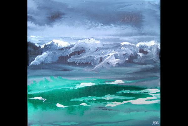 ''Tempête'', (20x20cm) Encres sur châssis toilé. Comme Claude MONET, Brigitte MATHÉ (MBL) sait saisir l'immédiat des ressentis, peindre ses sensations les restituer sur la toile pour en faire une œuvre d'art, à la fois spontanée et maîtrisée.  