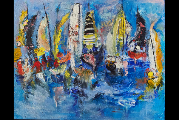 ''Les Régates'' (100x81cm) Techn. mixte (acrylique, huile) sur toile lin, Le visible est l'objet d'expressions d' émotions chez Y-G LAMBURE. Il transcende l'instant pour fixer ses ressentis de la beauté fugace des mouvements, des couleurs, de la lumière.
