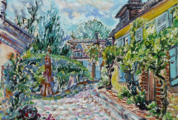 ''Maison jaune à Gerberoy'' (41x33cm) Huile sur toile. Lin QIU BERTALAN possède une touche sûre et des harmonies colorées rares. Sa peinture est d'une grande force poétique. Son talent maîtrise et guide ses émotions sur la toile. 