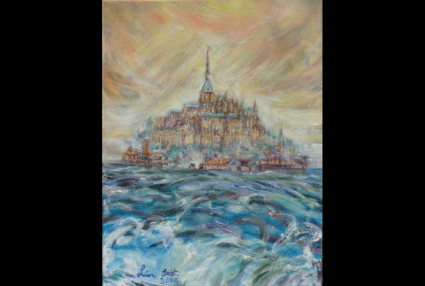 ''Le Mont St. Michel'' (35x27cm)  Huile sur toile. Œuvre émouvante et grandiose, Lin QIU BERTALAN peint en son style impressionniste très personnel ce sujet d'une indicible beauté mondialement reconnue qu'elle intègre à la muséologie de ce courant.